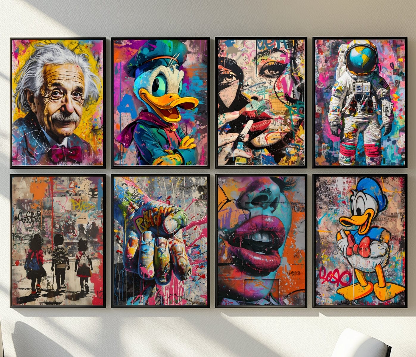 Pop Art Collage mit mehreren ikonischen Pop Art Motiven, lebendige Farben und ein urbaner, grafischer Stil, der klassische und moderne Kunst vereint