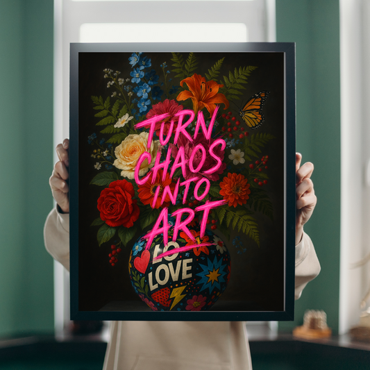 “TURN CHAOS INTO ART” – Exclusive Pop Art flower picture with a message